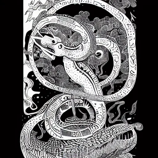 Prompt: b & w illustration of quetzalcoatl, resolved, showing conviction or bad humor by a gloomy silence or reserve, by studio multi and victo ngai, malika favre, punk fanzine copy, william s burroughs, cut up film