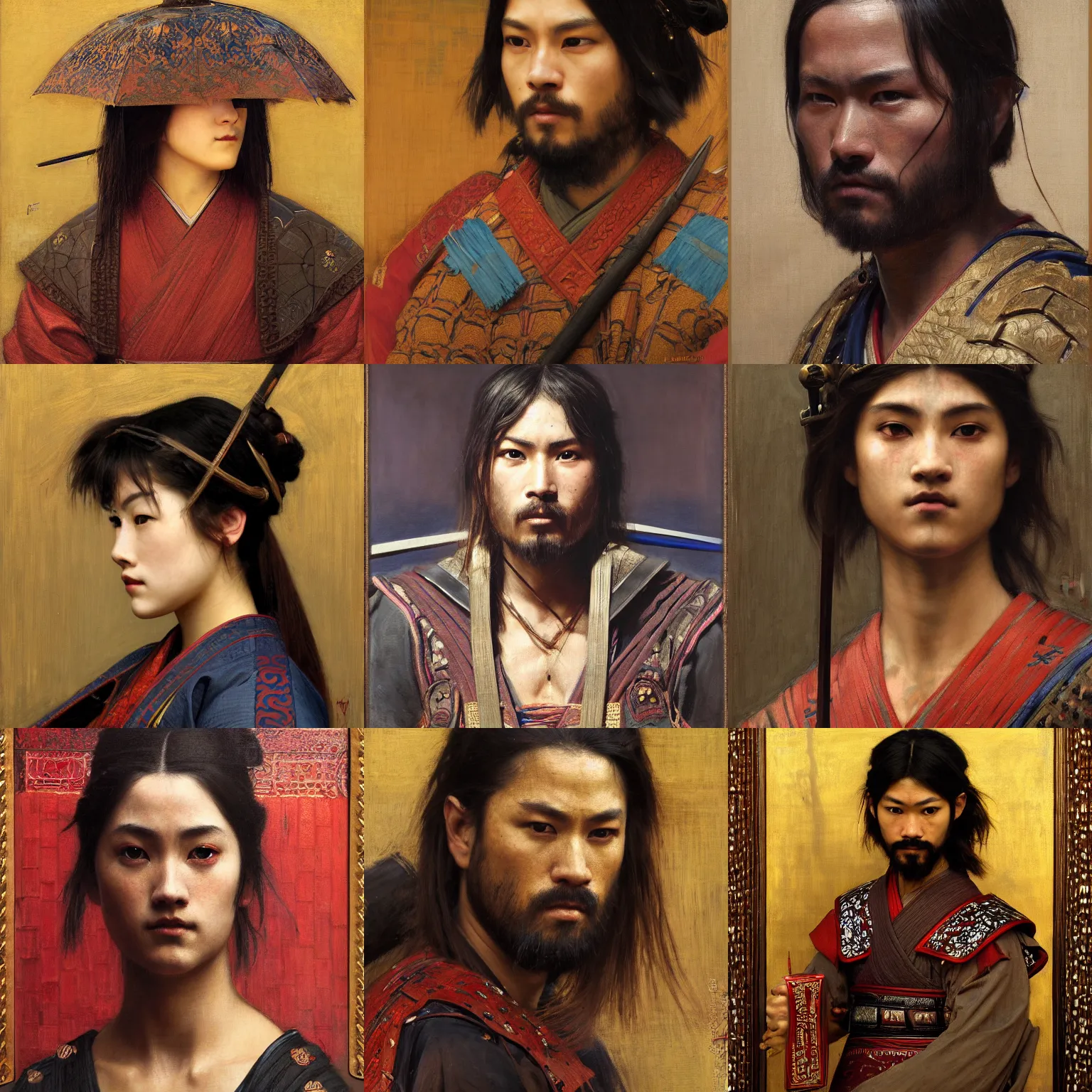 Prompt: samurai intricate portrait by john william waterhouse and Edwin Longsden Long and Theodore Ralli and Nasreddine Dinet, oil on canvas. Cinematic, hyper realism, dramatic lighting, high detail 8k