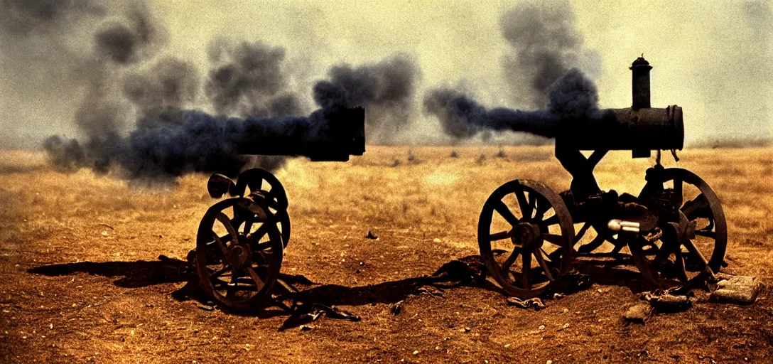 Prompt: smoke,!!! colored photography, tilt shift wwi a cannon over a dug out trench, dramatic light, zdzidaw, ultrafine, hyperrealistic, 3 2 k, 3 5 mm film still, movie