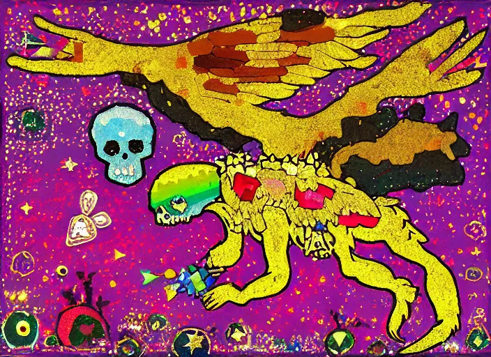 Prompt: pixel decollage painting golden armor wounded harpy siren bone carcass flying zombie in a translucent broken rainbow bone cage with diamond maggot dead bear in a meadow full of weird fungus and mold armed with rockets and diamond crystal and colorful skull machines in pink night sky with christmas golden foil stars and colorful moons, painted by Mark Rothko, Helen Frankenthaler, Danny Fox and Hilma af Klint, pixelated, neo expressionism, semi naive, pastel colors, cinematic, color field painting, cave painting, voxel, pop art look, outsider art, minimalistic. Bill Traylor painting, part by Philip Guston and Francis Bacon. art by Adrian Ghenie, very coherent symmetrical artwork, cinematic, hyper realism, high detail, octane render, unreal engine, Smooth gradients, depth of field, full body character drawing, extremely detailed, 8k, extreme detail, intricate detail, masterpiece