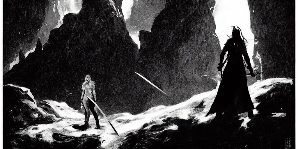 Image similar to epic portrait cinematic shot an female with large sword runnning in a cave of an giant, cloudy, realistic shaded lighting poster by craig mullism, digital art, kvlt by peder balke by theodor kittelsen by guido crepax by norman bluhm mystic high contrast monochromatic noir