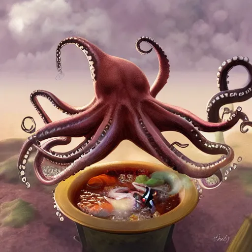 Image similar to octopus cooking soup among clouds fantasy illustration, trending on artstation, deviantart, very realistic, 4k