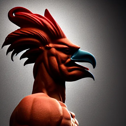 Prompt: a portrait of powerful muscular rooster rock statue in shape of creative man, studio light, hasselblad photo, 8 k resolution, octane render, character design, digital art