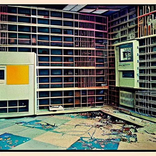 Prompt: abandoned 1 9 6 0 s computer complex, autochrome!!!!!!!!!!