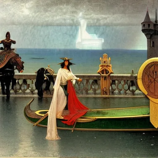 Image similar to Chalice knight leaving the castle through the bridge, thunderstorm, beach ocean on the background major arcana sky, by paul delaroche, alphonse mucha and arnold böcklin arnold böcklin hyperrealistic 8k, very detailed