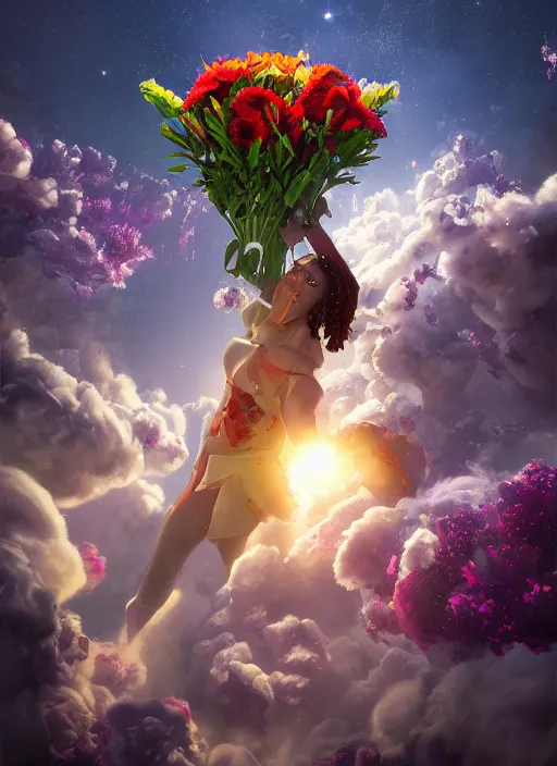 Prompt: An epic fantastic realism comic book style painting of the most beautiful flowers launched into space, bouquets, fisheye lens, unreal 5, DAZ, hyperrealistic, octane render, cosplay, RPG portrait, dynamic lighting
