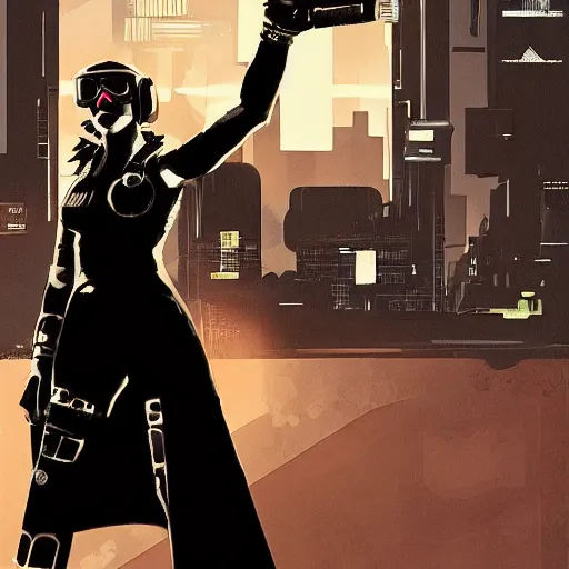 Image similar to cyberpunk military mafia woman with cybernetic arm, Rafael Albuquerque