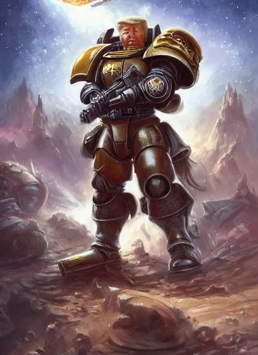 Image similar to donald trump as space marine, space marine, cute and adorable, pretty, beautiful, matte fantasy painting, deviantart artstation, by jason felix by steve argyle by tyler jacobson by peter mohrbacher, cinema