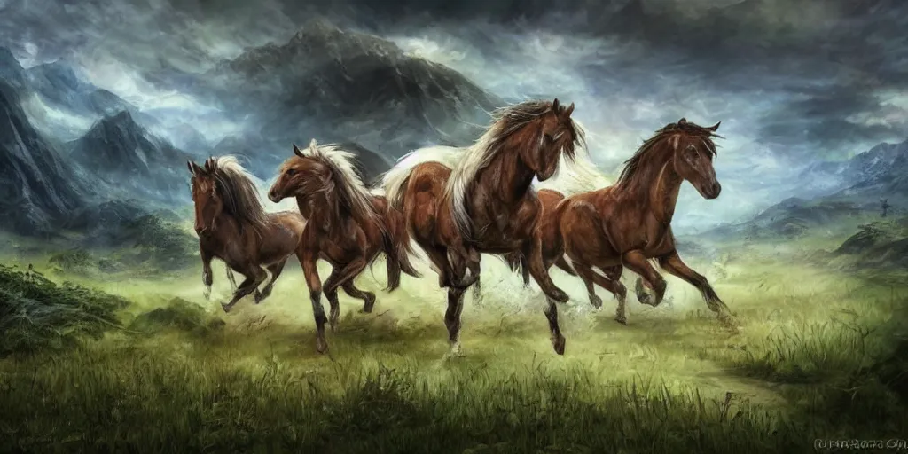 Prompt: horses made out rice, rice-horses-hybrid, galloping through the wilderness, style of Magic the Gathering, fantasy art