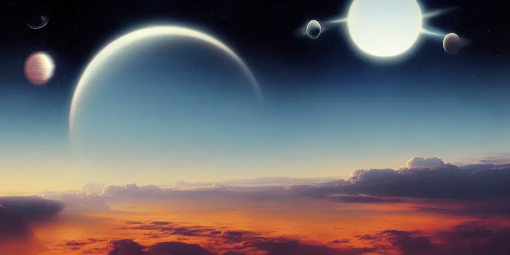 Image similar to blue dreamy cloudscape with a single planet in the clouds, ringed planet, daylight, cinematic lighting, cinematic perspective, syd mead, john harris, federico pelat,