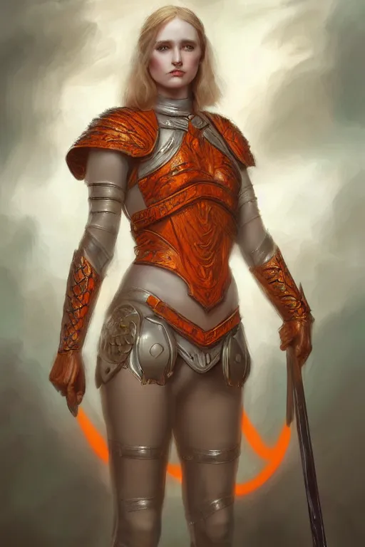 Image similar to full - body portrait of a ranger, female, white and orange breastplate, magical, high fantasy, d & d, by john collier, face details, extremely detailed, digital illustration