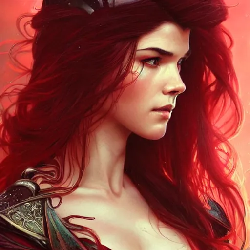 Prompt: beautiful Marie Avgeropoulos as Red Queen, Blodreina, sci-fi, closeup, D&D, fantasy, intricate, elegant, highly detailed, digital painting, artstation, concept art, matte, sharp focus, illustration, art by Artgerm and Greg Rutkowski and Alphonse Mucha