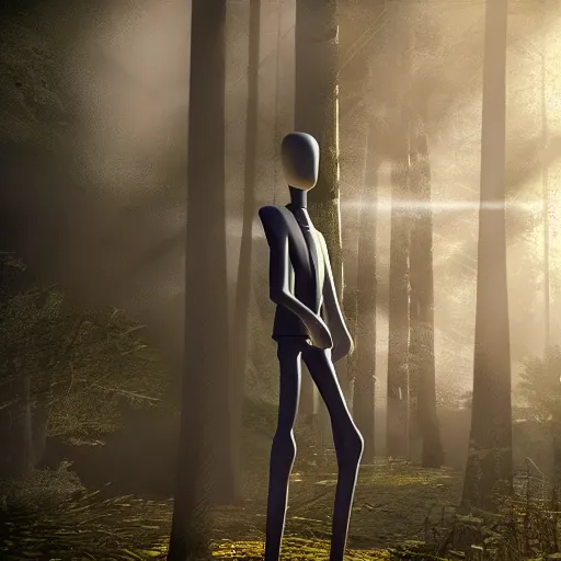 Image similar to photorealistic Slenderman in the woods, dynamic lighting, ultra realistic, trending on art station, ray tracing, sun rays