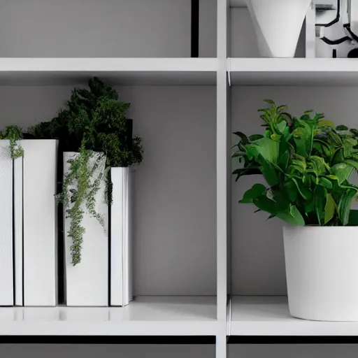 Image similar to white zen clean modern minimalist bookshelf with cute plants by zaha hadid, peter tarka