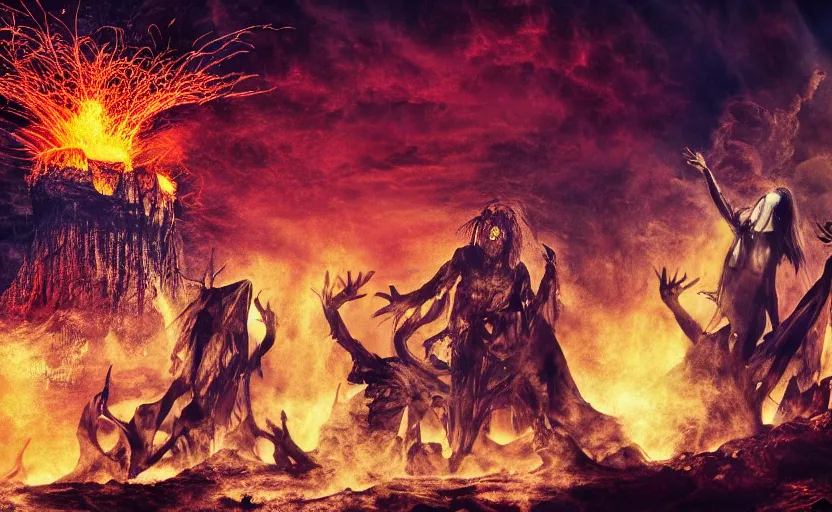 Prompt: a heavy metal band plays on a stage suspended over a volcano, dramatic digital painting by Karl Kopinski, 4k wallpaper, distressed edges on canvas, demonic beings are cheering for the band, heavy metal album cover