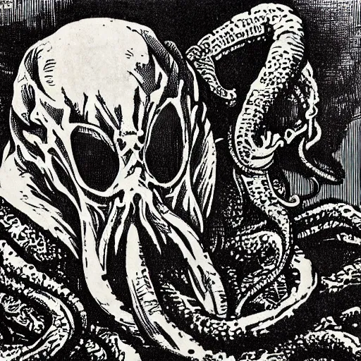 Image similar to a detailed woodcut of Cthulhu by Albrecht Durer