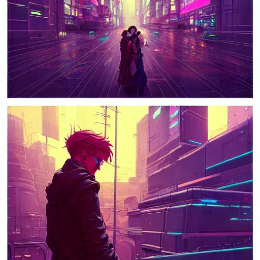 Image similar to A cyberpunk couple has an intimacy on the street of a cyberpunk city art by Josan Gonzalez, sci-fi, highly detailed, digital painting, artstation, smooth, sharp focus, illustration, concept art by Josan Gonzalez and James Gurney and Mœbius