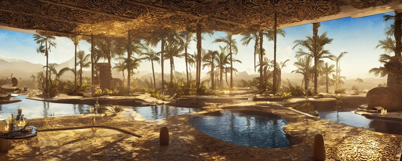 Image similar to surreal hyper luxury spa with intricate golden details with view to arid mountains and palm forest, ultra detailed, photorealism, sharp focus, volumetric light, global illumination