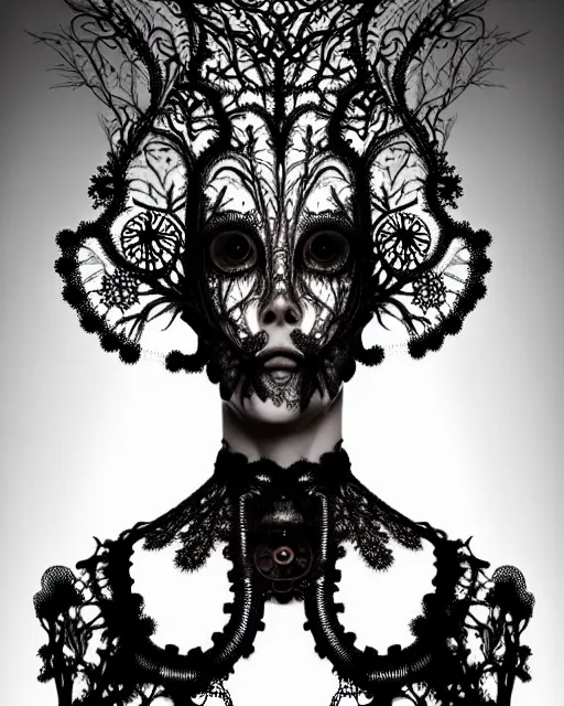 Image similar to surreal dark poetic black and white photo portrait of complex bio-mechanical beautiful young silver female vegetal-cyborg with a Mandelbrot fractal steampunk metal fine lace face, a very long neck and a fine metal floral foliage super big lace collar by Alexander McQueen:: smoke, high fashion, haute couture, rococo, steampunk, silver filigree details, anatomical, facial muscles, cable wires, microchip, elegant, dreamy, foggy atmosphere, hyper realistic, 150 mm lens, soft rim light, octane render, unreal engine, picture was taken in 1910 by Man Ray, volumetric lighting, dramatic light,8k,