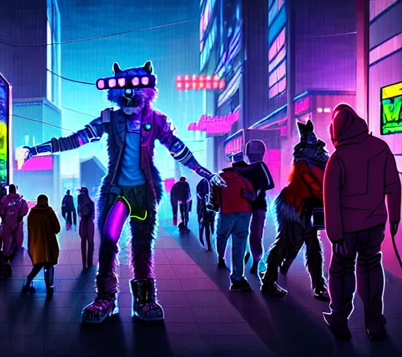 Image similar to high - resolution photograph from a cyberpunk era furry fandom convention ( midwest furfest 2 0 4 7 ), taking place after the genetic revolution and singularity. photorealistic.