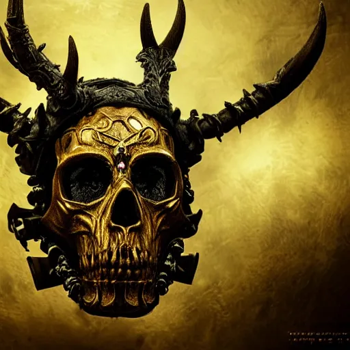 Image similar to an ominous dark ancient golden Lich king skull mask. hyper-detailed. Gothic steampunk. low poly medieval baroque. symmetric. epic. hyper-realistic. hyperrealistic. octane render intricate crown of antlers, horns made of porcelain, in style by Craig Mullins, hyper detailed, Zdzisław Beksiński, sinister, horror, 1900's photograph, polaroid, trending on artstation, bio-punk