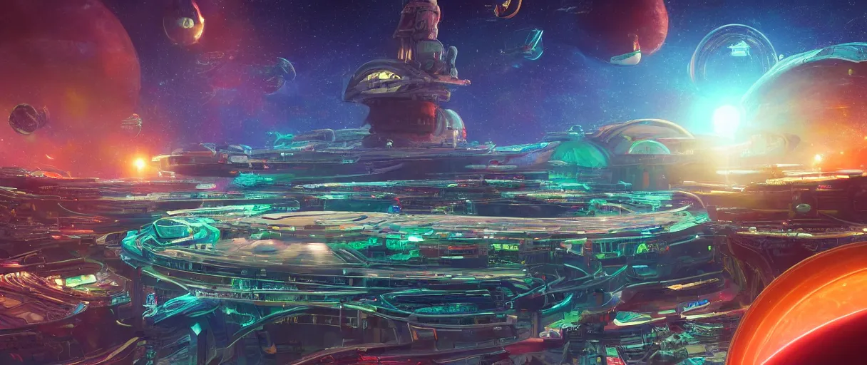 Prompt: a wide shot of a large distant hi-tech sci-fi Utopian spaceship, with a lot of bright color lights, bridges, turrets, pipes, orbiting a gas giant planet, beautiful, solarpunk, volumetric light, photography, color, intricate, extremely detailed, photorealistic, digital art, trending on artstation