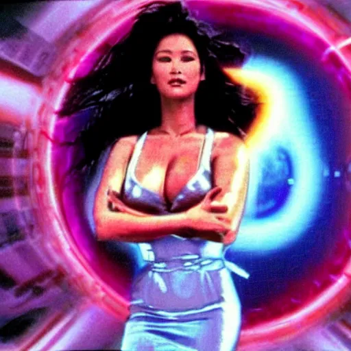 Prompt: a VHS still of a concept art with a photo of Tia Carrere in a vaporwave artwork composition, Windows98 logo, in the movie Lifeforce (1985) 8k, intricate, pastel colors