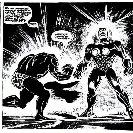 Image similar to doctor doom fighting off darkseid, art by jack kirby, steranko, ditko