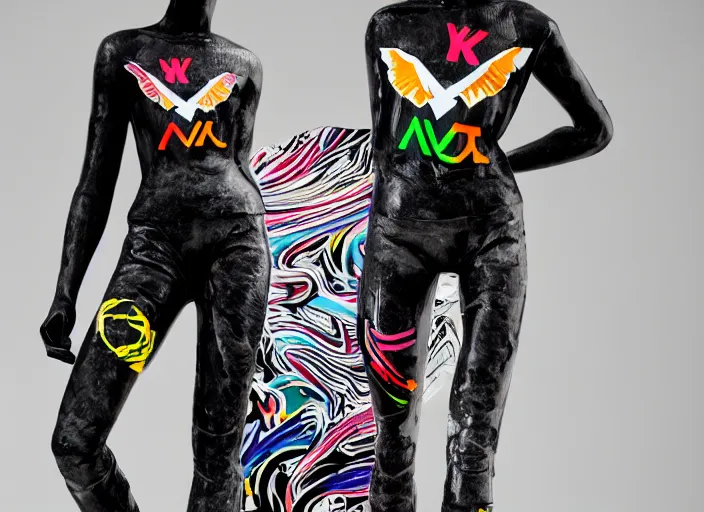 Image similar to black marble statue of a beautiful woman with colorful motocross logos in the style of virgil abloh, very very beautiful, detailed, off white, heron preston, 8 k, 4 k, detailed, beautiful, symmetrical, vogue, editorial, fashion, magazine, model