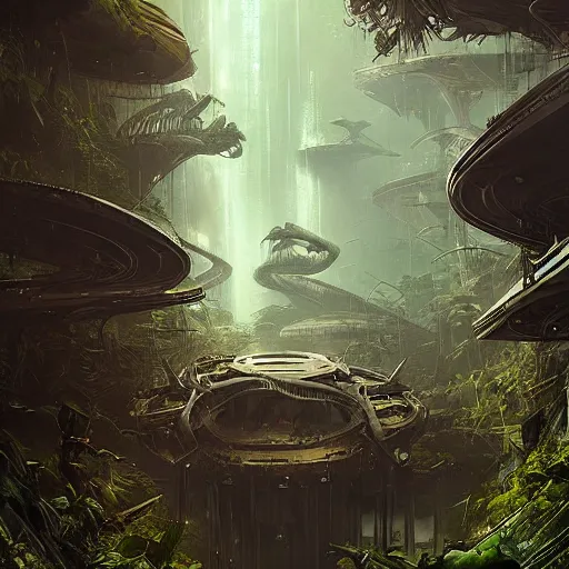 Image similar to epic alien jungle by greg rutkowski inside a giant laboratory by raymond swanland