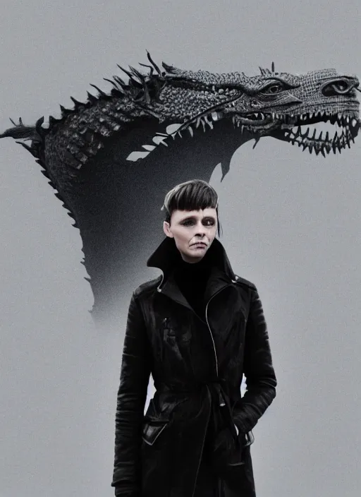 Image similar to the girl with the dragon tattoo wearing black coat, intricate photo, by beeple