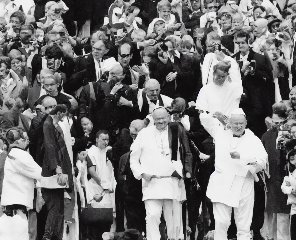 Prompt: press photograph of john paul ii wearing jordan 1 sneakers