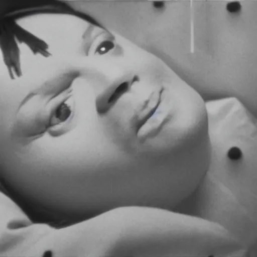 Image similar to woman who has given birth to a squishy inflatable toy, in hospital bed, French film, archival footage, technicolor film expired film, 16mm