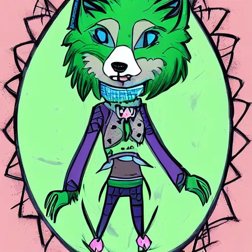 Image similar to Beautiful digital painting of an anthro anthropomorphic pastel-green wolf, Punk outfit.comic book, inked, cute, cozy