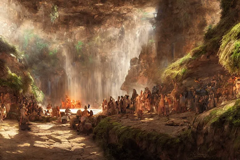 Prompt: stone age rave in a cave, digital art by eugene de blaas, ross tran, and nasreddine dinet, intricately detailed, in the style of romanticism, cinematic, artstation, greg rutkowski