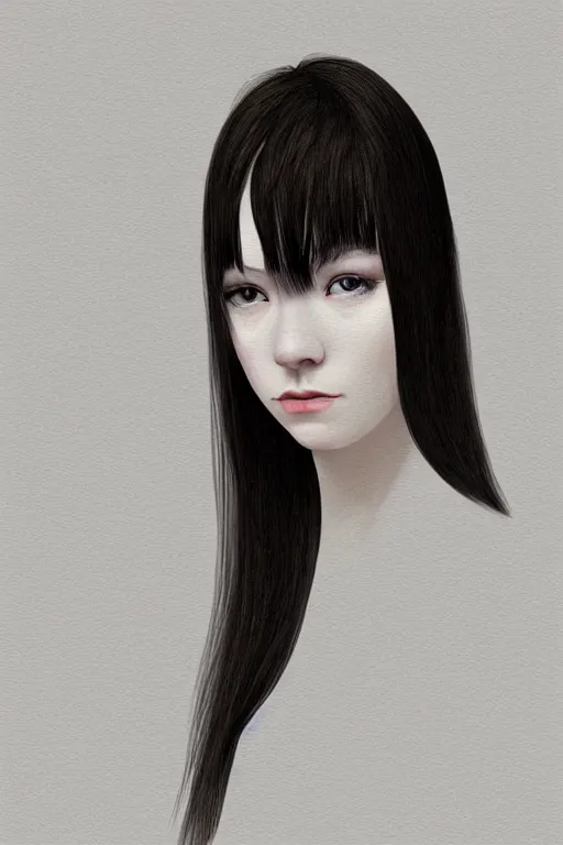 Image similar to picture portrait, young woman's face, long black hair, pale skin, digital render, super-detailed , by Goyo Hashiguchi