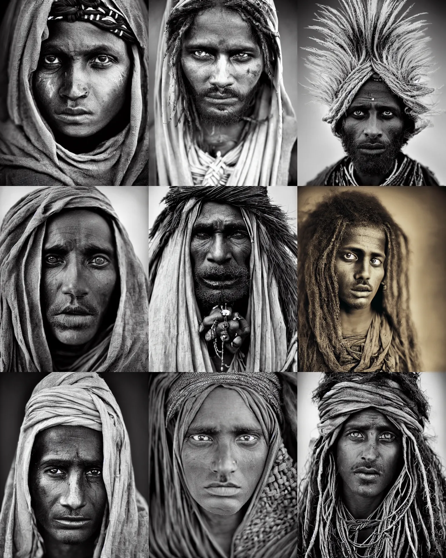 Prompt: Award winning Editorial photo of a Medieval Native Mauritanians with incredible hair and beautiful hyper-detailed eyes wearing traditional garb by Lee Jeffries, 85mm ND 5, perfect lighting, gelatin silver process