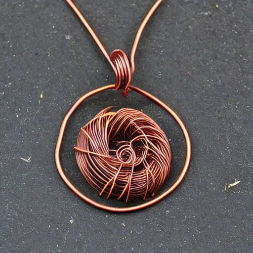 Image similar to a beautiful circular copper wire amulet, made from dirt and sand.