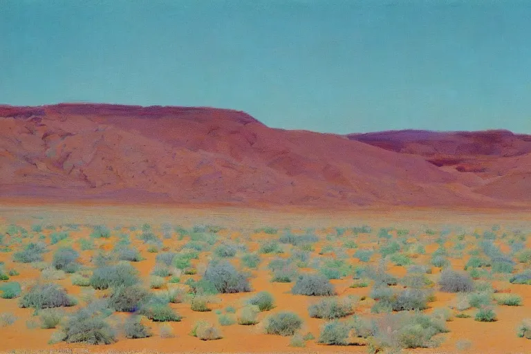 Prompt: a desert landscape by Wayne Thiebaud of desserts, cakes, layer cakes, cupcake, pies, in the desert landscape,