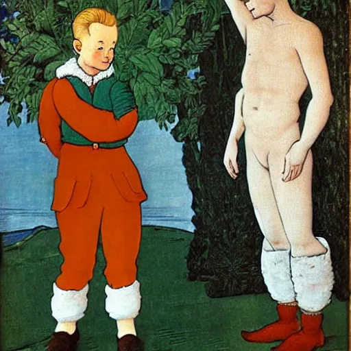 Prompt: Tintin and snowy by botticelli, highly detailed