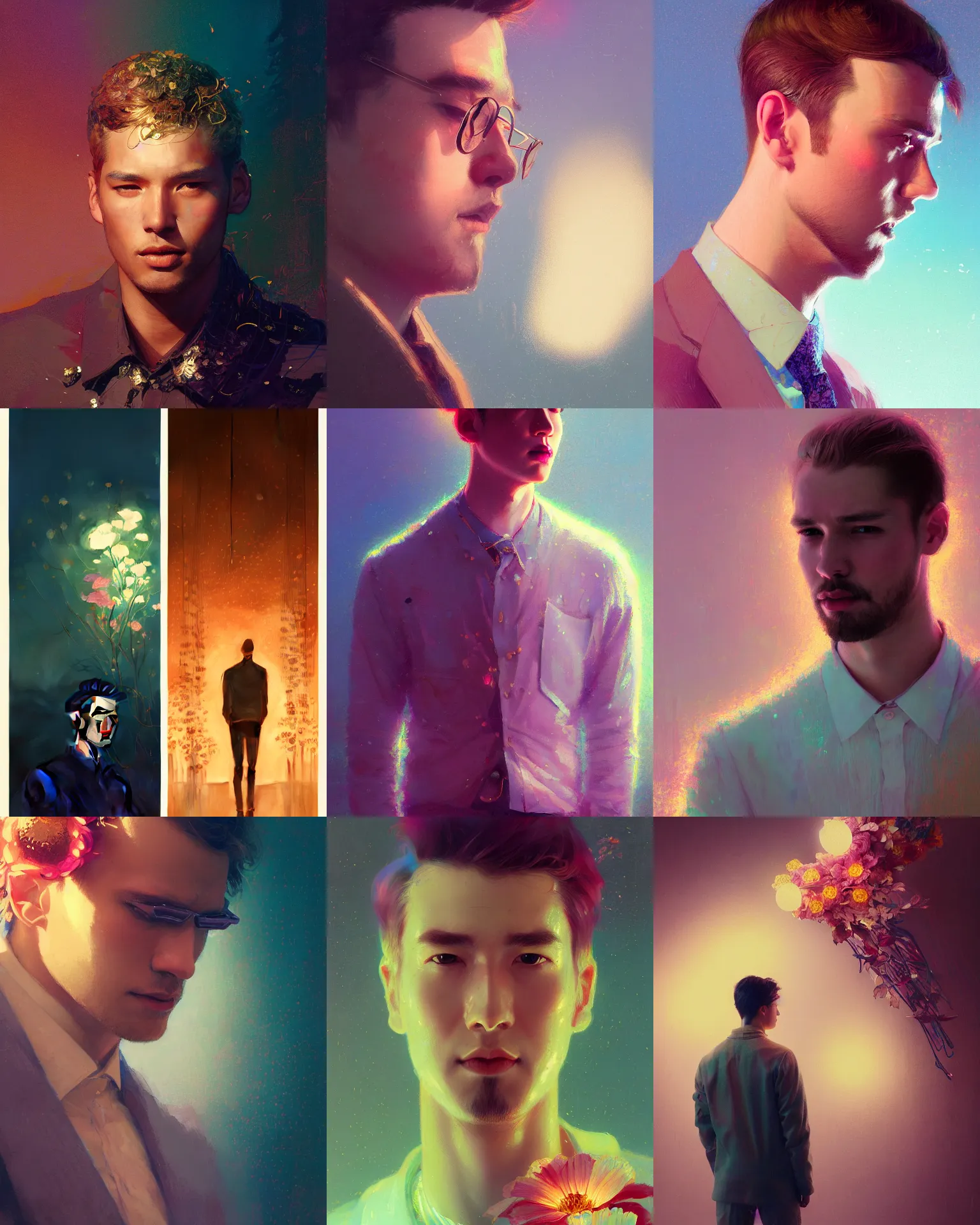 Prompt: flower's metals in the sky, mute, neon light language, ( handsome male model portrait ) by wlop, james jean, victo ngai, beautifully lit, muted colors, highly detailed, fantasy art by craig mullins, thomas kinkade, 千 葉 雄 大