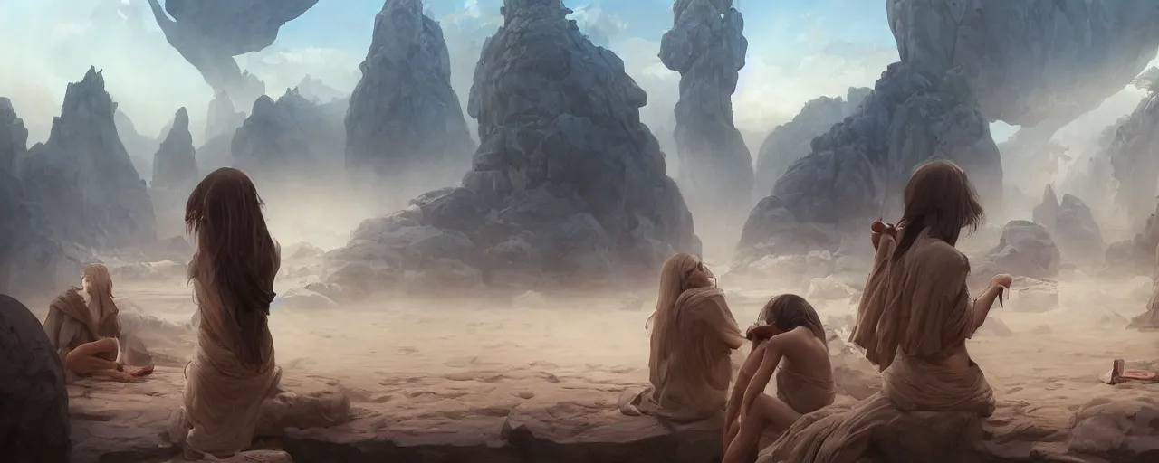 Prompt: A painting of priestesses worshipping at the camel temple, shrouded in mist, camel god, 8K, illustration, by ilya kuvshinov and Wojtek Fus and Justin Cheung and ArtGerm and Stéphane Roux, smoke, undersea temple with fish, cinematic, insanely detailed and intricate, hypermaximalist, elegant, super detailed, award-winning, chartreuse and orange and cyan, mysterious, ancient, ritual, ethereal, trending in cgsociety, artstation HQ, ornate, elite, haunting, matte painting, beautiful detailed, insanely intricate details, artstation trending