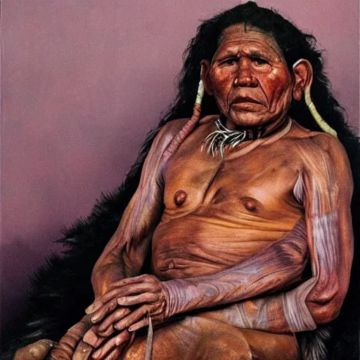 Prompt: high quality high detail painting by lucian freud, hd, full body of a indigenous tribe leader, muted pink color, photorealistic lighting