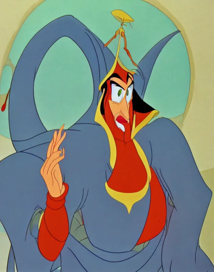 Prompt: 1 9 9 0 disney animation cel still from aladdin of a portrait of jafar reimagined as sauron