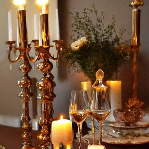 Image similar to luxurious baroque table with a single candle and wine bottle, warmly lit, zen, soft lighting, romantic