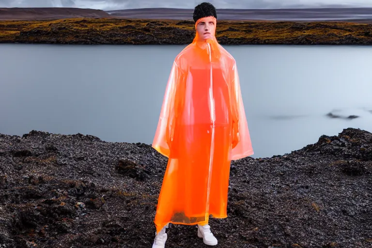 Image similar to an ultra high definition professional high fashion portrait studio full length photograph of a model wearing a transparent pearlescent raincoat and neon visor in an icelandic black rock environment at dawn. no artefacts. extremely detailed. stark. shallow depth of field. volumetric light and shadow. ray tracing. light ray.