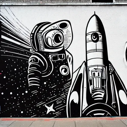 Prompt: mural of an astronaut exploring deep space, rocket in the background, laser beams, black and white paint, stencil art, abstract, cyberpunk, painted on a giant wall