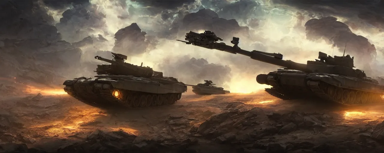 Prompt: main battle tank with double barrel shooting electric and helicopter at war, in the ancient abandoned city epic scene, volumetric lighting futuristic, intricate, highly detailed, digital painting, artstation, concept art, cinematic, smooth, sharp focus, illustration, aurora borealis, unreal engine 5, 8 k, art by artgerm and greg rutkowski and alphonse mucha