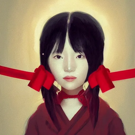 Prompt: Portrait of a japanese young lady with a long white!!!!!!! long white hair and a red ribbon, Rim Lighting, Lantern, by Sergey Kolesov