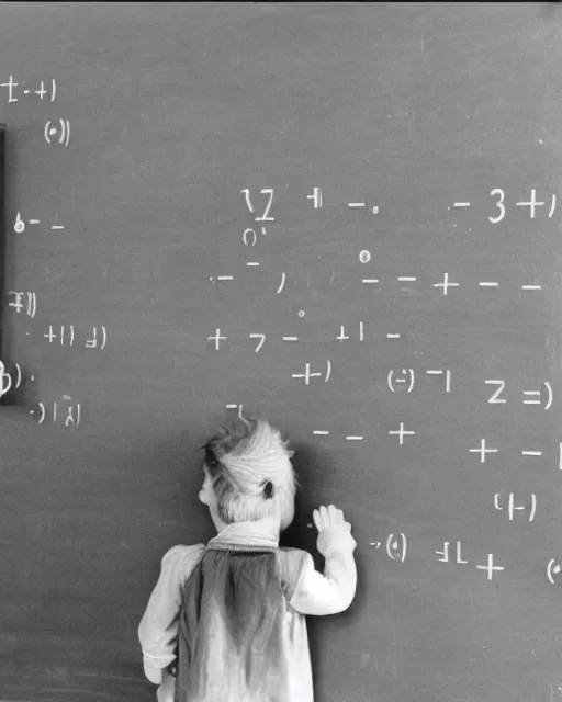 Image similar to a human-like kitten standing in from of a blackboard writing math formulae, realistic photo, 1970s